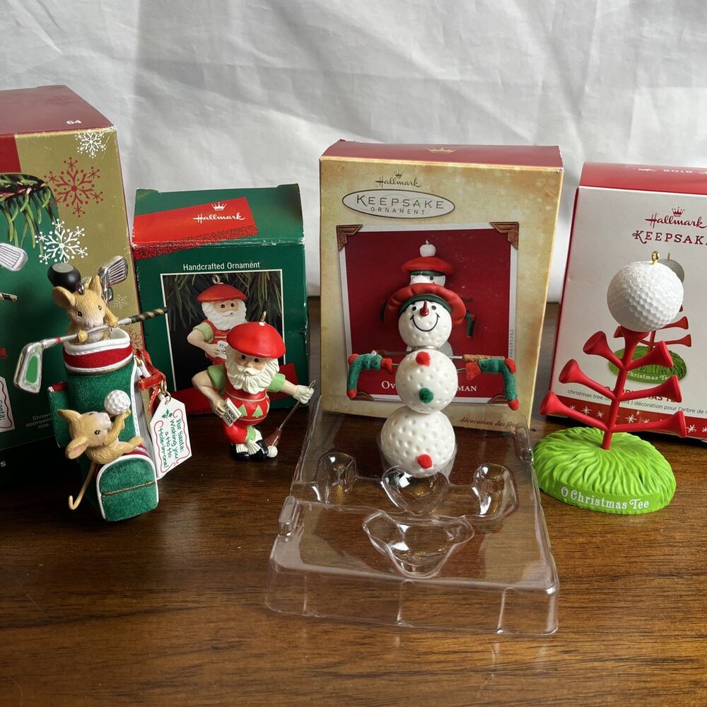 4 Golf Themed Christmas Boxed Ornament Lot Hallmark & Carlton Santa Mice Snowman